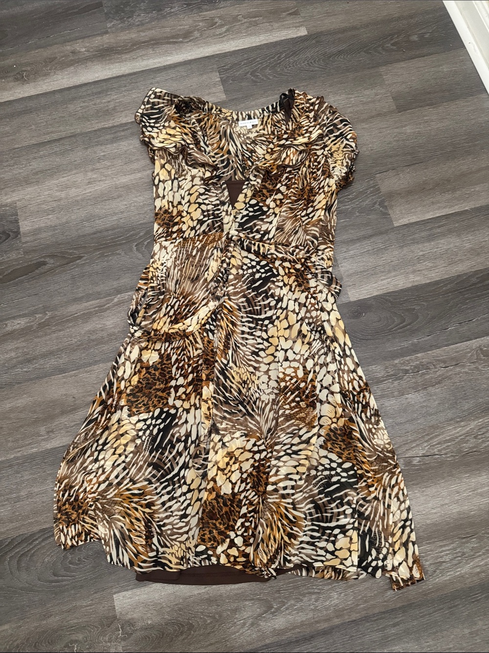 Fashion Bug Animal Print Midi Dress in Brown and Cream